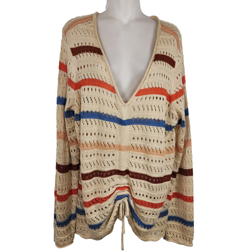 Maurices Women Sweater Striped Cinch Front Open Knit XXL Y2K Boho Festival Artsy